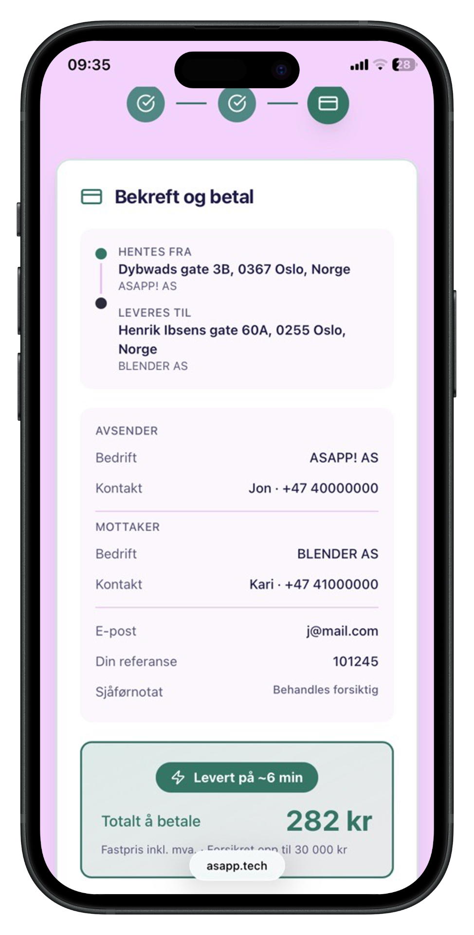 Asapp bekreftelsesside med avsender, mottaker og totalpris