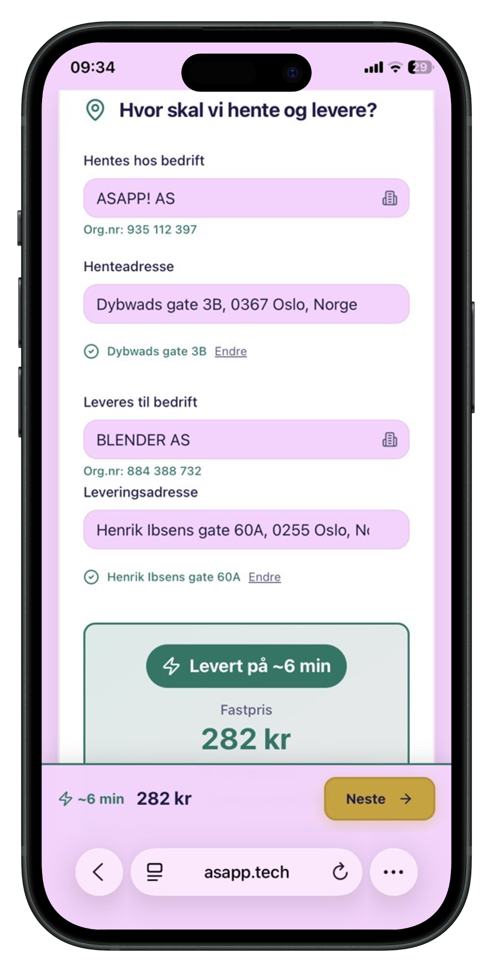 Asapp bestillingsskjema med henteadresse, leveringsadresse og fastpris