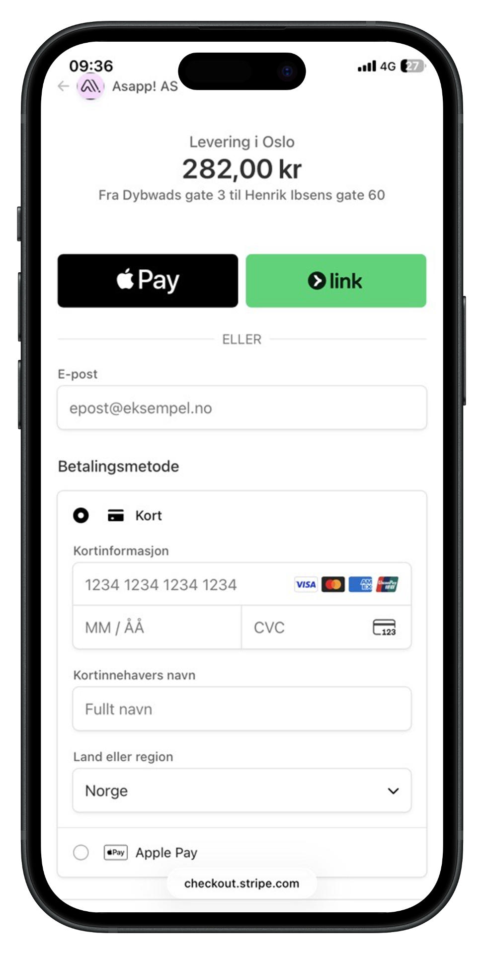 Stripe betalingsside med Apple Pay, Link og kortbetaling